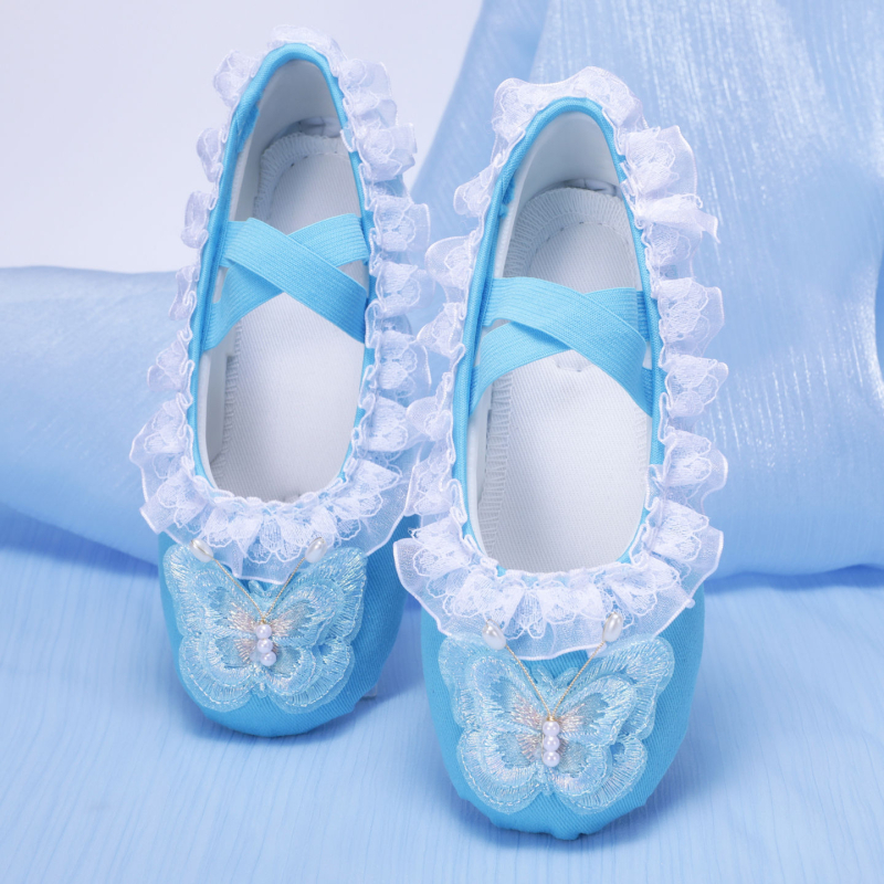 Παιδικά καμβά χορευτικά παπούτσια με δαντέλα, δερμάτινη σόλα, αναπνεύσιμα, σχέδιο γατιού πατουσάκι και φιόγκος, για παραστάσεις