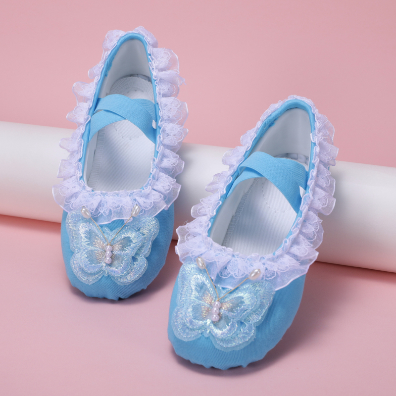 Παιδικά καμβά χορευτικά παπούτσια με δαντέλα, δερμάτινη σόλα, αναπνεύσιμα, σχέδιο γατιού πατουσάκι και φιόγκος, για παραστάσεις