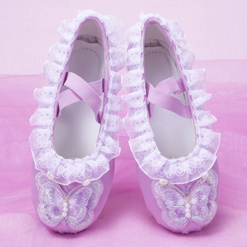 Παιδικά καμβά χορευτικά παπούτσια με δαντέλα, δερμάτινη σόλα, αναπνεύσιμα, σχέδιο γατιού πατουσάκι και φιόγκος, για παραστάσεις