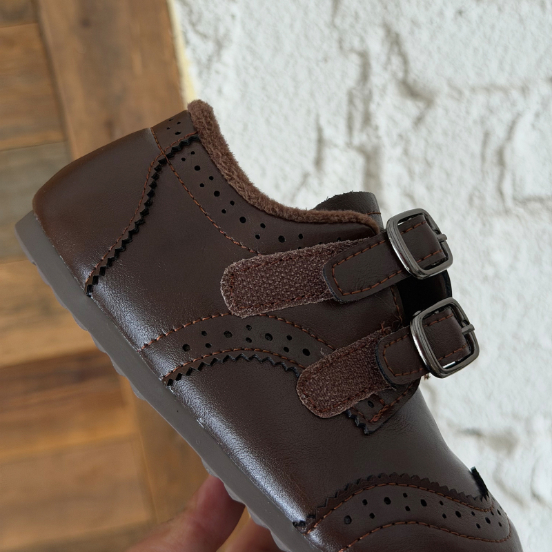 Dječje zimske kožne cipele s fleece podstavom i Velcro remenom, britanski stil, mek podplat