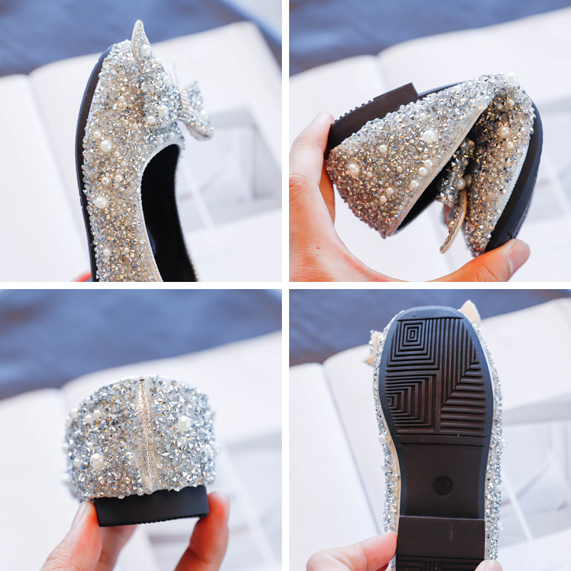 Pantofi de prințesă pentru fete, funda cu strasuri, stil coreean, PU partea superioară, talpă din cauciuc, bandă elastică