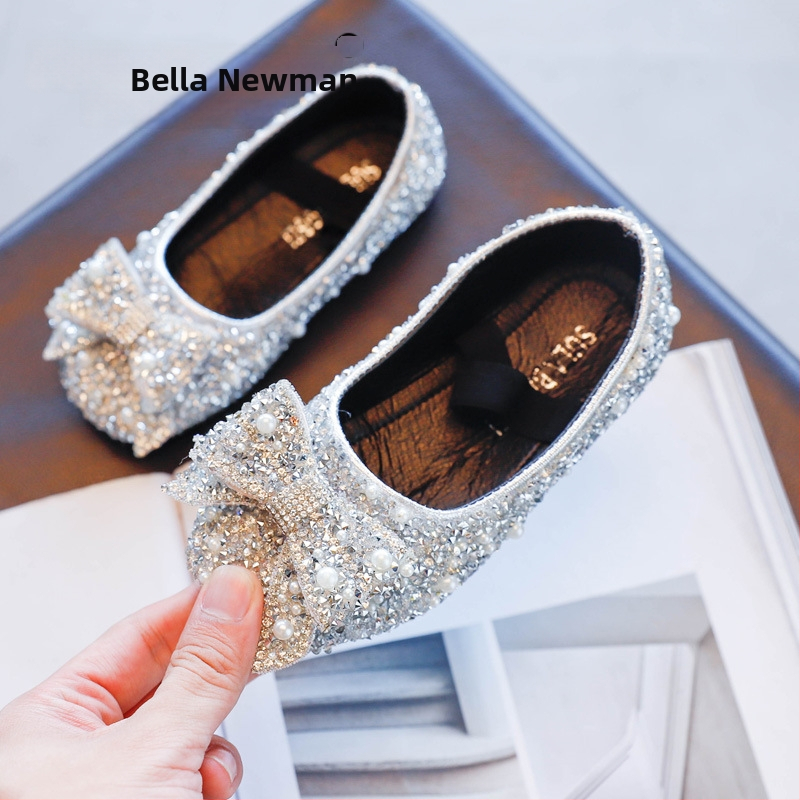 Pantofi de prințesă pentru fete, funda cu strasuri, stil coreean, PU partea superioară, talpă din cauciuc, bandă elastică