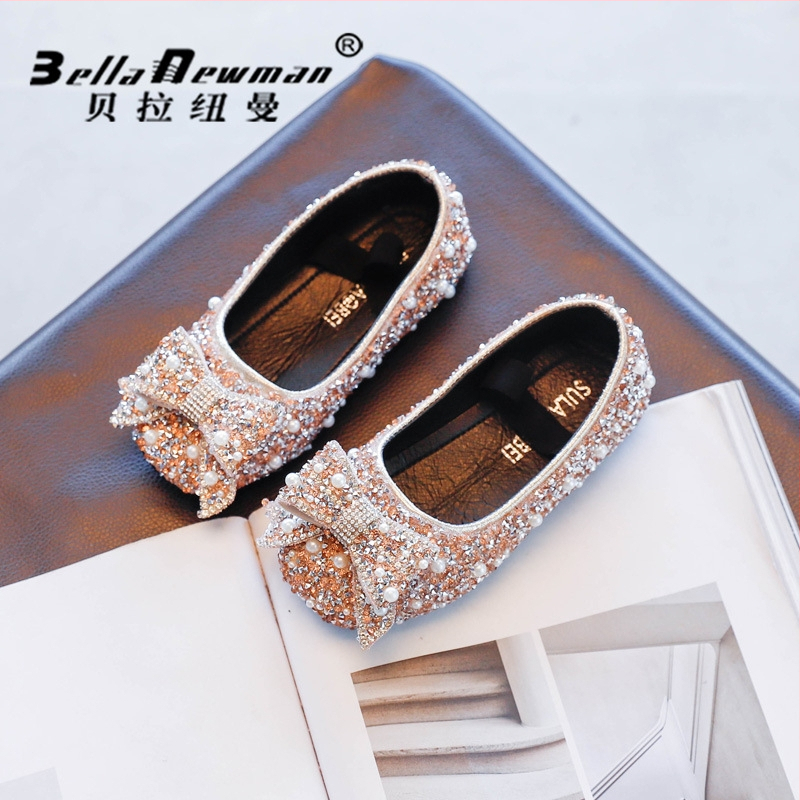 Pantofi de prințesă pentru fete, funda cu strasuri, stil coreean, PU partea superioară, talpă din cauciuc, bandă elastică