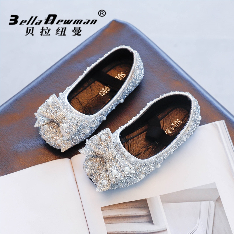 Pantofi de prințesă pentru fete, funda cu strasuri, stil coreean, PU partea superioară, talpă din cauciuc, bandă elastică