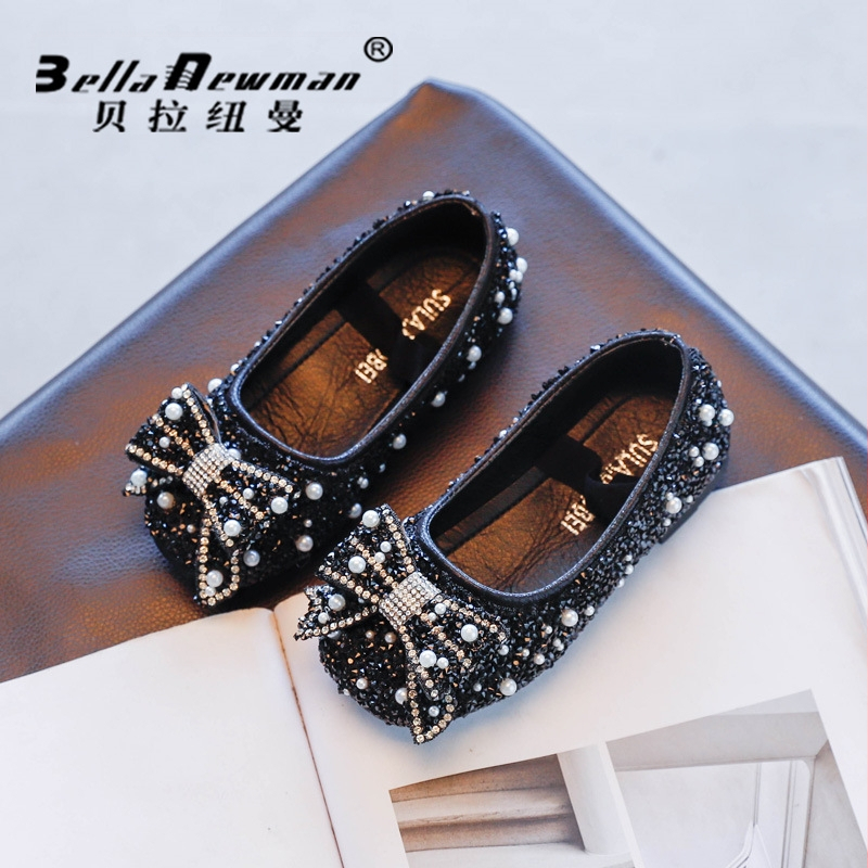 Pantofi de prințesă pentru fete, funda cu strasuri, stil coreean, PU partea superioară, talpă din cauciuc, bandă elastică