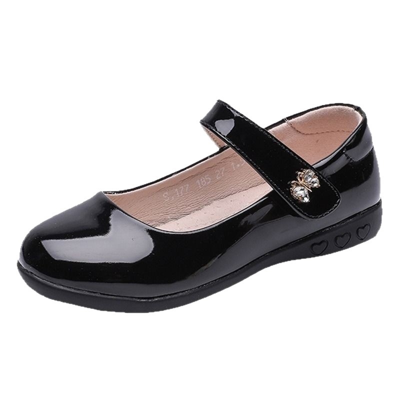 Pantofi de prințesă pentru fetițe cu funda și strasuri; partea superioară din super fiber, talpa din plastic, închidere cu Velcro.