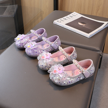 Mergaitėms princesės bateliai iš mikropluošto odos su kristalų detalėmis, Velcro užsegimas, PU vidpadis, gumos padas, 3–6 metų, 2025 m. ruduo