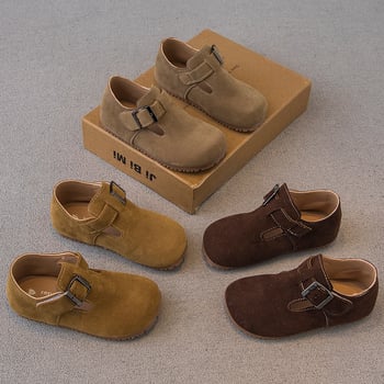 Gyerekeknek való Birkenstock-stílusú cipő — felső része műbőr, gumírozott talp, elöl kötős záródás és hátul pánt, vintage stílus, tavasz–nyár–ősz