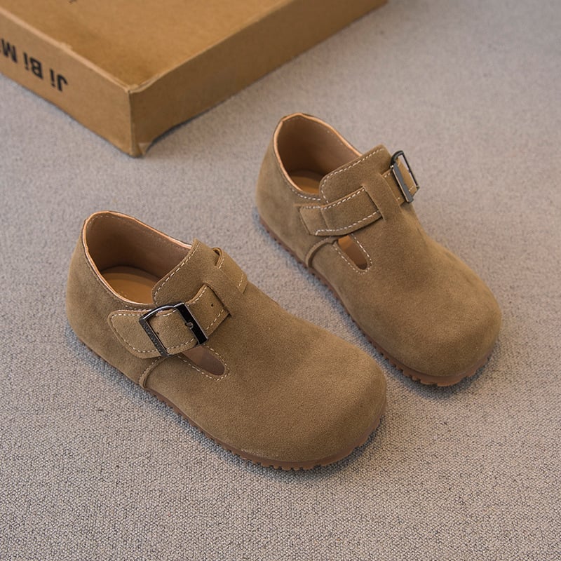 Gyerekeknek való Birkenstock-stílusú cipő — felső része műbőr, gumírozott talp, elöl kötős záródás és hátul pánt, vintage stílus, tavasz–nyár–ősz