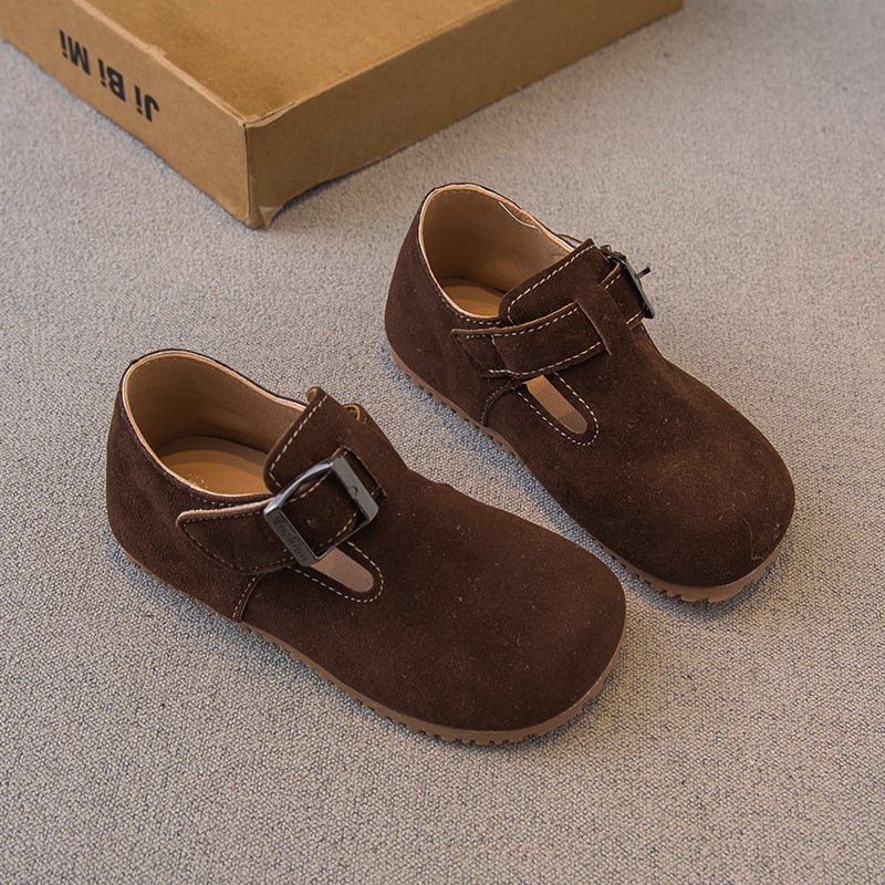 Gyerekeknek való Birkenstock-stílusú cipő — felső része műbőr, gumírozott talp, elöl kötős záródás és hátul pánt, vintage stílus, tavasz–nyár–ősz