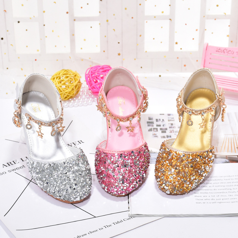 Παιδικά παπούτσια πριγκίπισσας με κρύσταλλα, ψηλό τακούνι, PU επάνω μέρος, σόλα από τένοντα βοδιού, κούμπωμα με αγκράφα, διαπνοή, αντιολισθητικά, ανθεκτικά