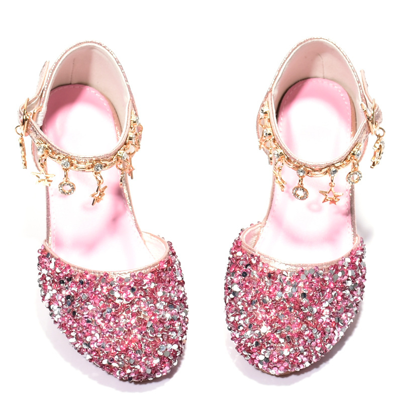 Παιδικά παπούτσια πριγκίπισσας με κρύσταλλα, ψηλό τακούνι, PU επάνω μέρος, σόλα από τένοντα βοδιού, κούμπωμα με αγκράφα, διαπνοή, αντιολισθητικά, ανθεκτικά