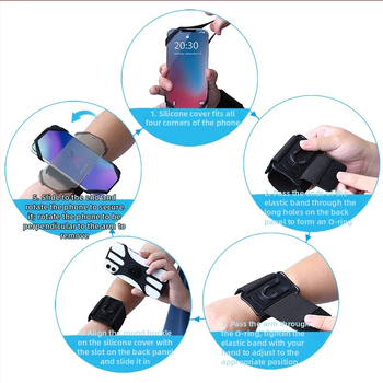 Unisex rankos laikiklis telefono dėklas su nuimama rotuojančia rankos juosta – sportui, bėgiojimui ir laukei; medžiagos: silikonas, nailonas, PC; logotipo spausdinimas; pritaikomas