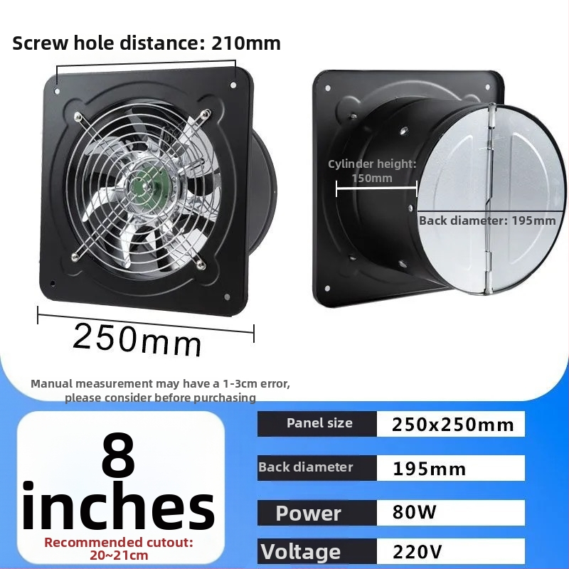 Virtuvės išmetimo ventiliatorius — viso metalo korpusas, galingas ištraukimo ventiliatorius, sieninis montavimas, plieninis korpusas, 220V, 60W, 50Hz, mechaninis valdymas, energijos efektyvumo lygis 3