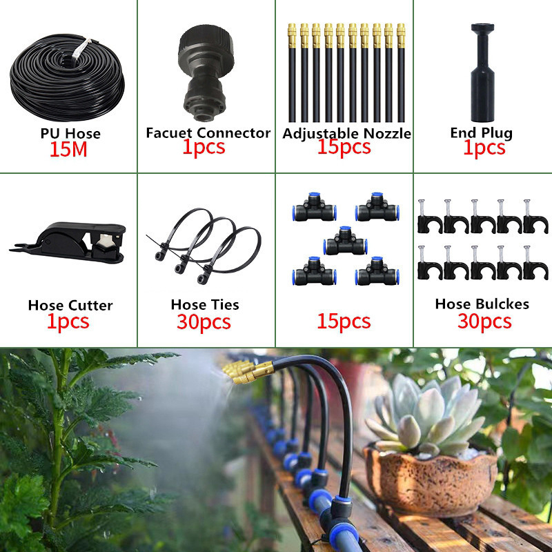 Szerelhető atomizáló univerzális permetező készlet üvegházi öntözéshez, állítható permetezőfej, 0–1.2 L/perc, anyagok: PE műanyag / sárgaréz