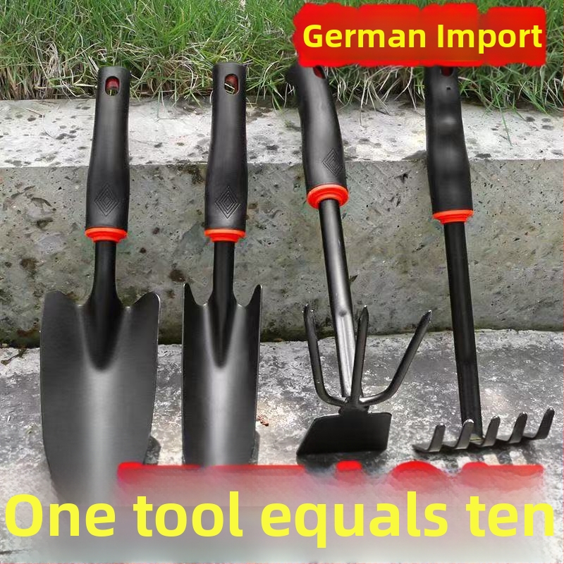 Sodo įrankis: dviejų funkcijų grėbliai, kastuvai ir kūlimo įrankis augalams sodinti