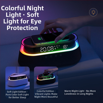 Bezvadu Bluetooth skaļrunis ar modinātāju un apgaismojumu – 2 skaļruņi, Bluetooth 5.0, 10W, 100Hz-20kHz, SNR ≥70 dB, iebūvēta akumulators 1000–1200 mAh