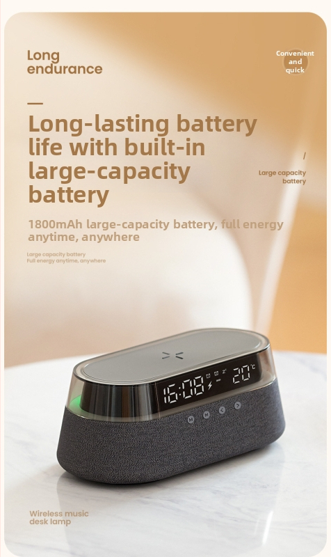 Bezvadu Bluetooth skaļrunis ar modinātāju un apgaismojumu – 2 skaļruņi, Bluetooth 5.0, 10W, 100Hz-20kHz, SNR ≥70 dB, iebūvēta akumulators 1000–1200 mAh