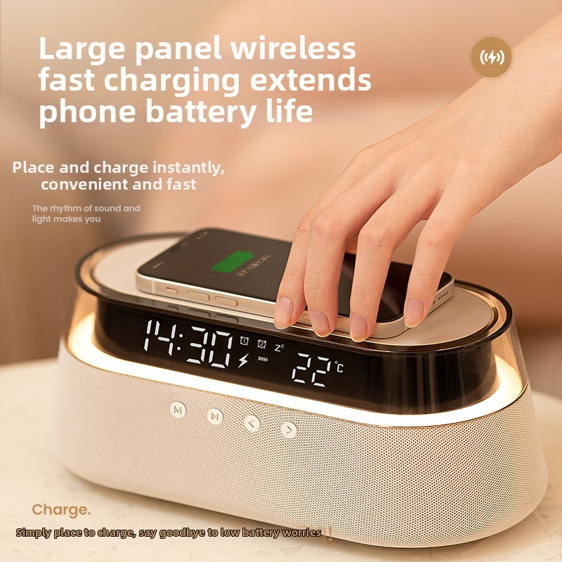 Bezvadu Bluetooth skaļrunis ar modinātāju un apgaismojumu – 2 skaļruņi, Bluetooth 5.0, 10W, 100Hz-20kHz, SNR ≥70 dB, iebūvēta akumulators 1000–1200 mAh