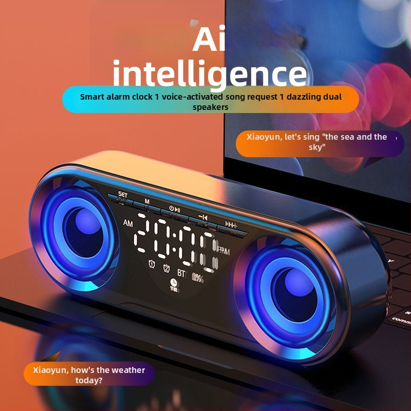 AI gudrs Bluetooth skaļrunis ar subwooferu, IPX7 ūdensizturīgs, frekvences diapazons 100 Hz–20 kHz, SNR ≥70 dB, bezvadu uzlāde