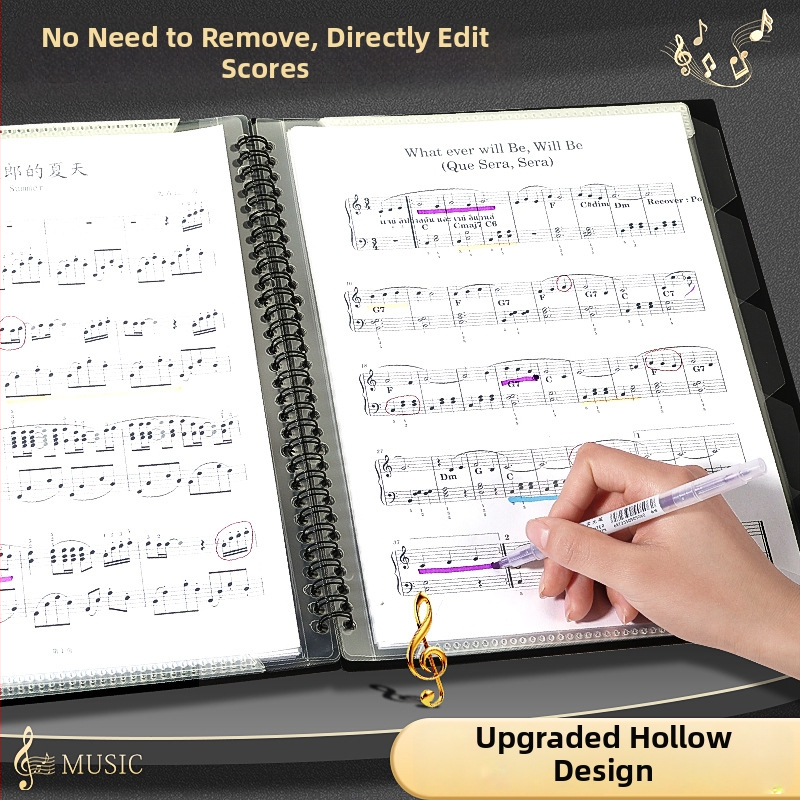 A4 partitūru klips, Lepu klips no Mesibo/meishubao, plastmasas, spirālis mehānisms, divpusējs caurspīdīgs ievietojums klavieru partitūrām