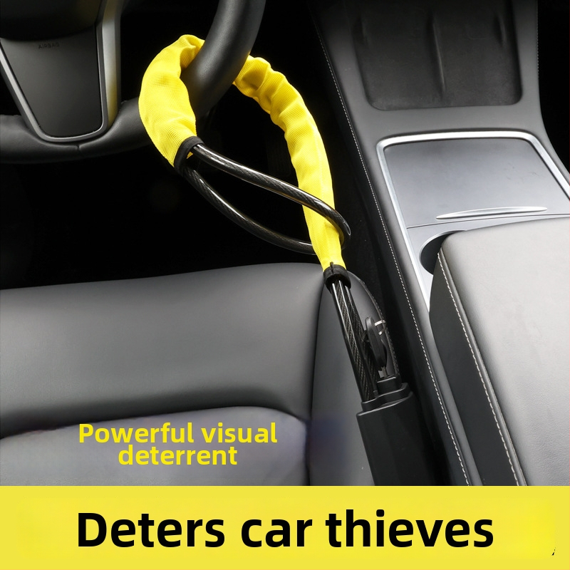 Automobilio vairo užraktas su grandine ir plieno kabeliu – Geležinis korpusas, varinis cilindras, Modelis 08767, Tinkamas automobiliams