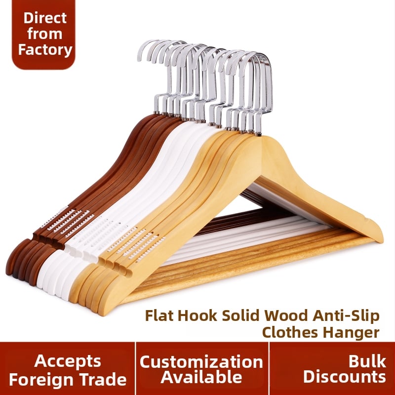 Masyvaus medžio drabužių pakabiklis su plokščiu kabliu, įdubos anti-slip juostelė, abiejų pusių briaunos, be įbrėžimų – modelis CJWMC23