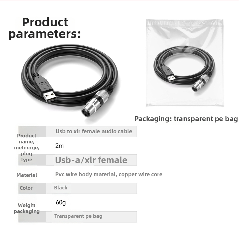 XLR na USB audio kábel – 2 m, meďový vodič, niklované konektory, XLR-USB rozhranie, ROHS certifikované