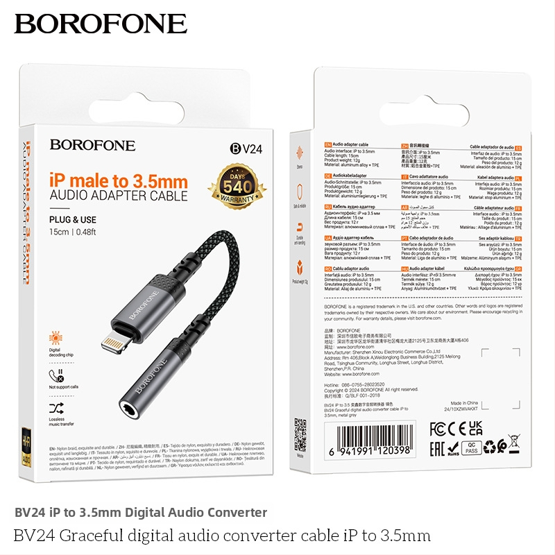 BOROFONE BV24 iP na 3,5 mm audio kábel, zlaté kontakty, meď s tinovaným jadrom, TPE izolácia, RoHS certifikát