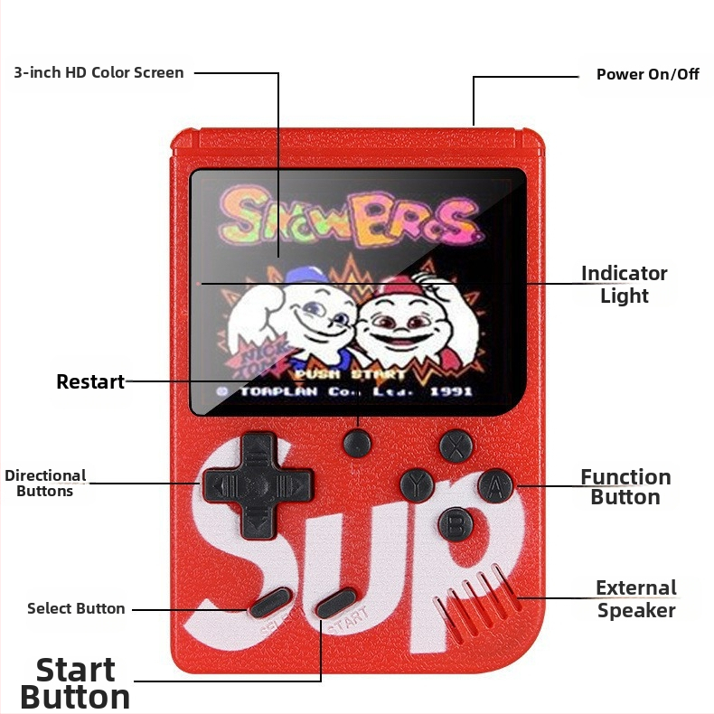 Portatīvā retro rokasspēļu konsole diviem spēlētājiem ar TV savienojumu, 8 bitu OS, 1 GB atmiņa, USB interfeiss, AV izeja