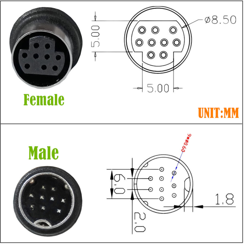 Adapter kabel s 90° zavojem, 9‑pin mini‑DIN muški/ženski, S‑Video zvuk/video, 9‑jezgreni bakreni vod, model YR-SV9-B1