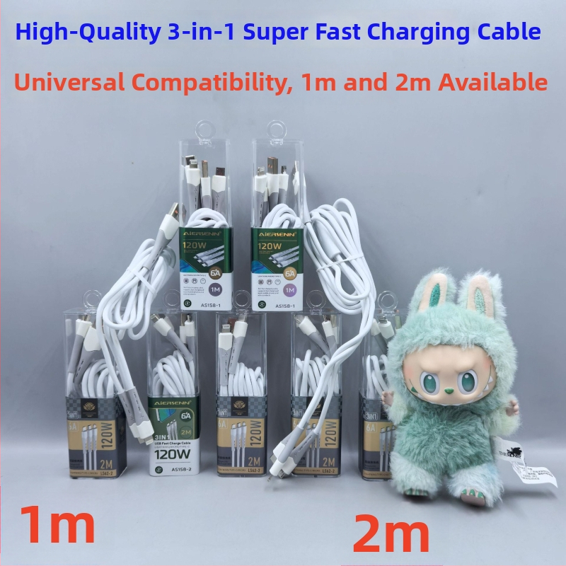 Kábel 3 v 1 s výkonom 120W pre rýchle nabíjanie so vstupmi USB, Lightning, Micro USB a Type-C; TPE materiál, kompatibilný s Apple a Huawei zariadeniami.