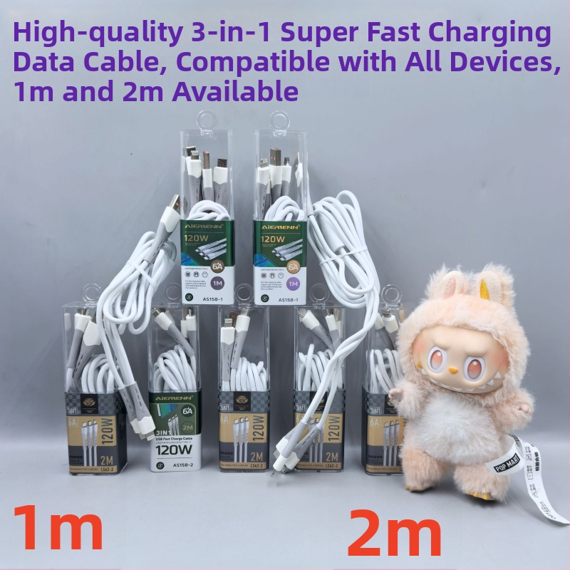 Kábel 3 v 1 s výkonom 120W pre rýchle nabíjanie so vstupmi USB, Lightning, Micro USB a Type-C; TPE materiál, kompatibilný s Apple a Huawei zariadeniami.