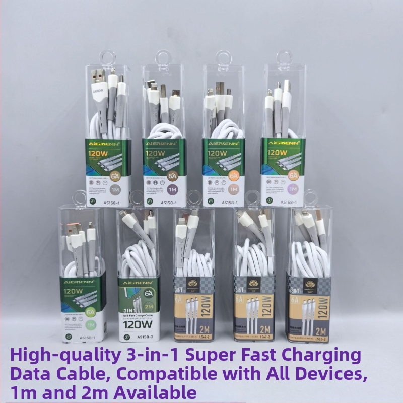 Kábel 3 v 1 s výkonom 120W pre rýchle nabíjanie so vstupmi USB, Lightning, Micro USB a Type-C; TPE materiál, kompatibilný s Apple a Huawei zariadeniami.