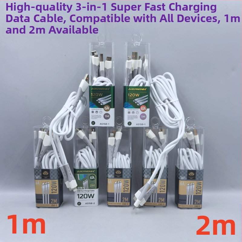 Kábel 3 v 1 s výkonom 120W pre rýchle nabíjanie so vstupmi USB, Lightning, Micro USB a Type-C; TPE materiál, kompatibilný s Apple a Huawei zariadeniami.