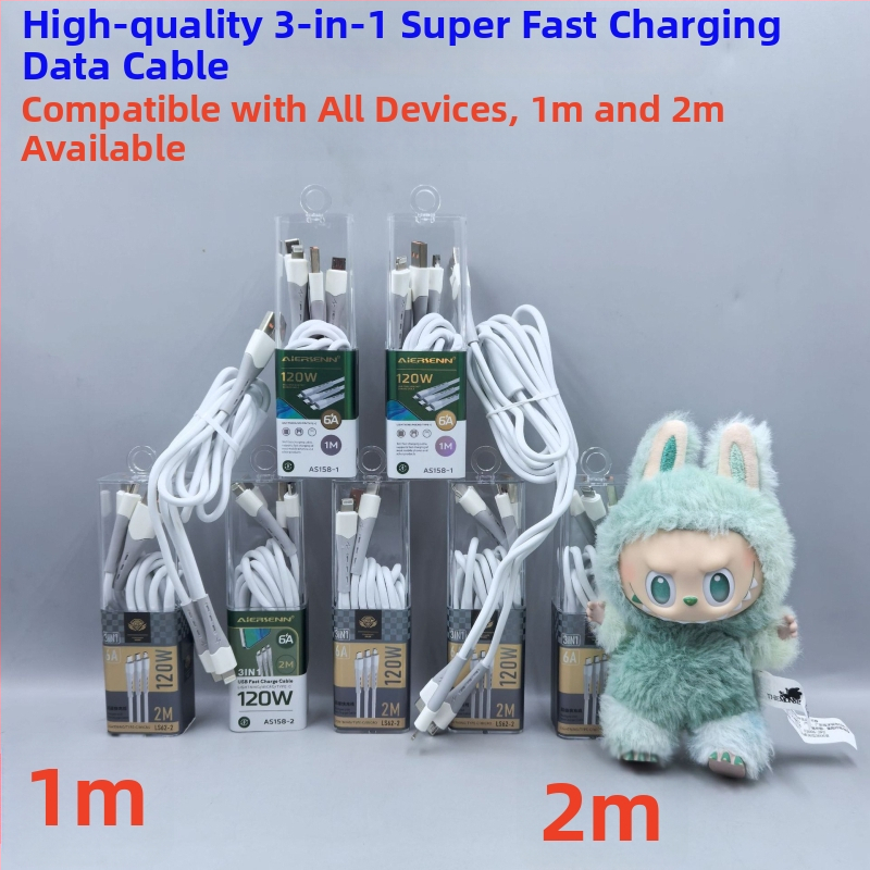Kábel 3 v 1 s výkonom 120W pre rýchle nabíjanie so vstupmi USB, Lightning, Micro USB a Type-C; TPE materiál, kompatibilný s Apple a Huawei zariadeniami.