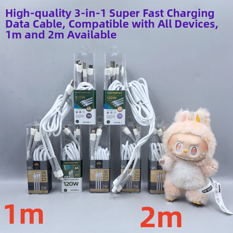 Kábel 3 v 1 s výkonom 120W pre rýchle nabíjanie so vstupmi USB, Lightning, Micro USB a Type-C; TPE materiál, kompatibilný s Apple a Huawei zariadeniami.