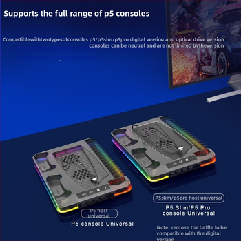 GAMINJA P58 PS5 chladiaca podložka s RGB svetlami, stojan na nabíjanie ovládača, úložisko na diskov a slúchadlá, USB rozhranie, univerzálne pre PS5 Slim/Pro