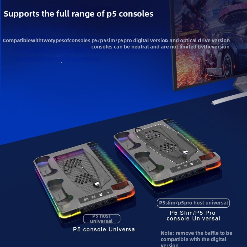 GAMINJA P58 PS5 chladiaca podložka s RGB svetlami, stojan na nabíjanie ovládača, úložisko na diskov a slúchadlá, USB rozhranie, univerzálne pre PS5 Slim/Pro