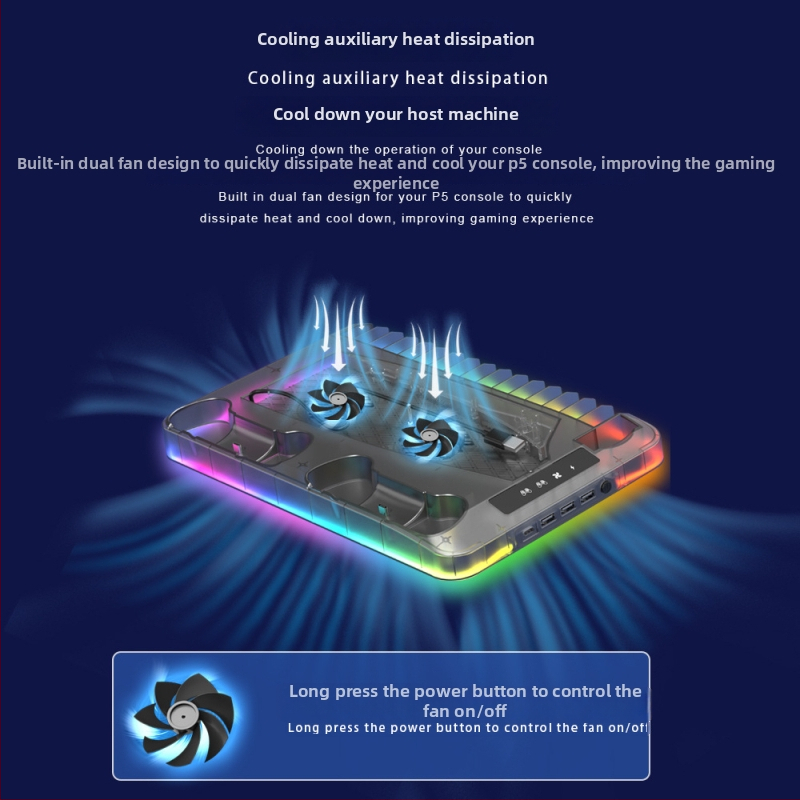 GAMINJA P58 PS5 chladiaca podložka s RGB svetlami, stojan na nabíjanie ovládača, úložisko na diskov a slúchadlá, USB rozhranie, univerzálne pre PS5 Slim/Pro