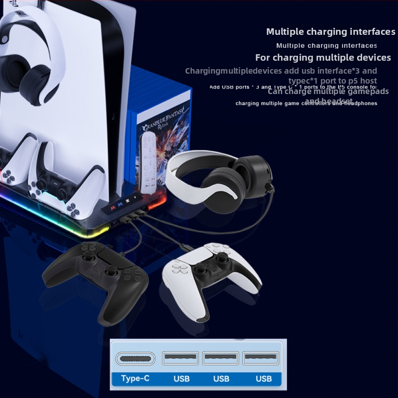 GAMINJA P58 PS5 chladiaca podložka s RGB svetlami, stojan na nabíjanie ovládača, úložisko na diskov a slúchadlá, USB rozhranie, univerzálne pre PS5 Slim/Pro