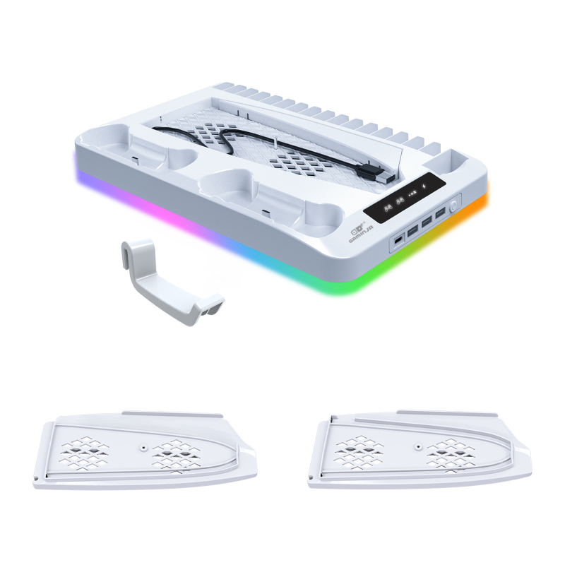 GAMINJA P58 PS5 chladiaca podložka s RGB svetlami, stojan na nabíjanie ovládača, úložisko na diskov a slúchadlá, USB rozhranie, univerzálne pre PS5 Slim/Pro