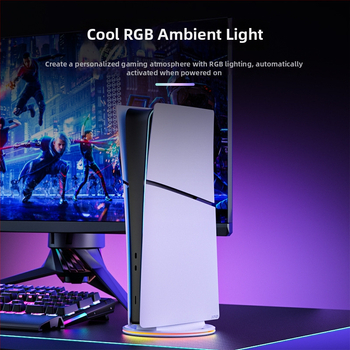 Vertikálny stojan na PS5 s RGB osvetlením a chladiacou funkciou, ABS, USB kábel v balení, kompatibilný s PS5, PS5 Slim, PS5 Pro