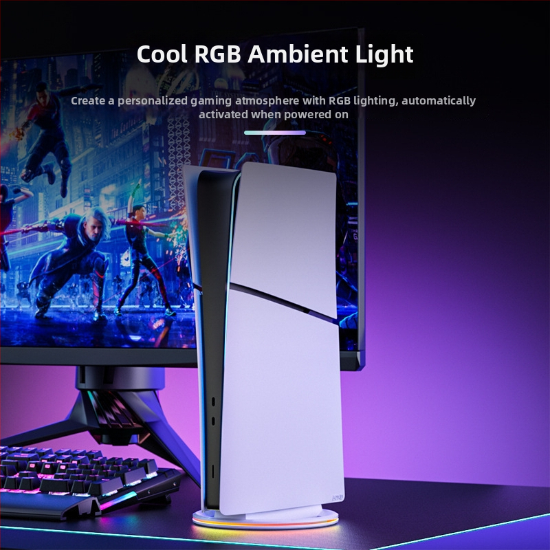 Vertikálny stojan na PS5 s RGB osvetlením a chladiacou funkciou, ABS, USB kábel v balení, kompatibilný s PS5, PS5 Slim, PS5 Pro