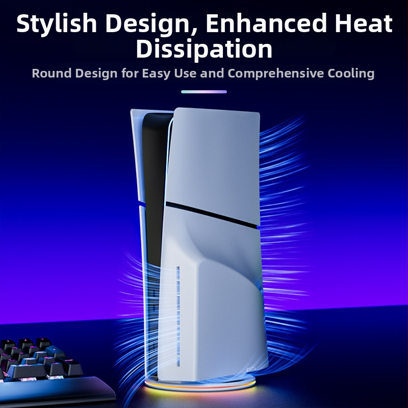 Vertikálny stojan na PS5 s RGB osvetlením a chladiacou funkciou, ABS, USB kábel v balení, kompatibilný s PS5, PS5 Slim, PS5 Pro