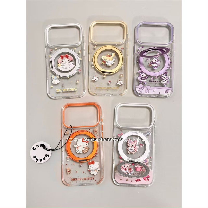 Aizsarg telefona vāciņš ar caurspīdīgu saliekamu statīvu; mīļš karikatūru dizains; kritienu aizsardzība; der Apple iPhone 15 un 16 Pro