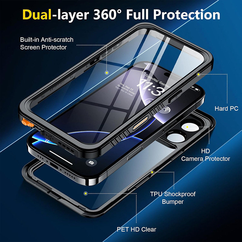 Ūdensizturīgs vāks iPhone 16 sērijai — TPU+PC, injekcijas formēšana, pretestība pret triecieniem, saderīgs ar iPhone 16, 16 Pro, 16 Plus, 16 Pro Max