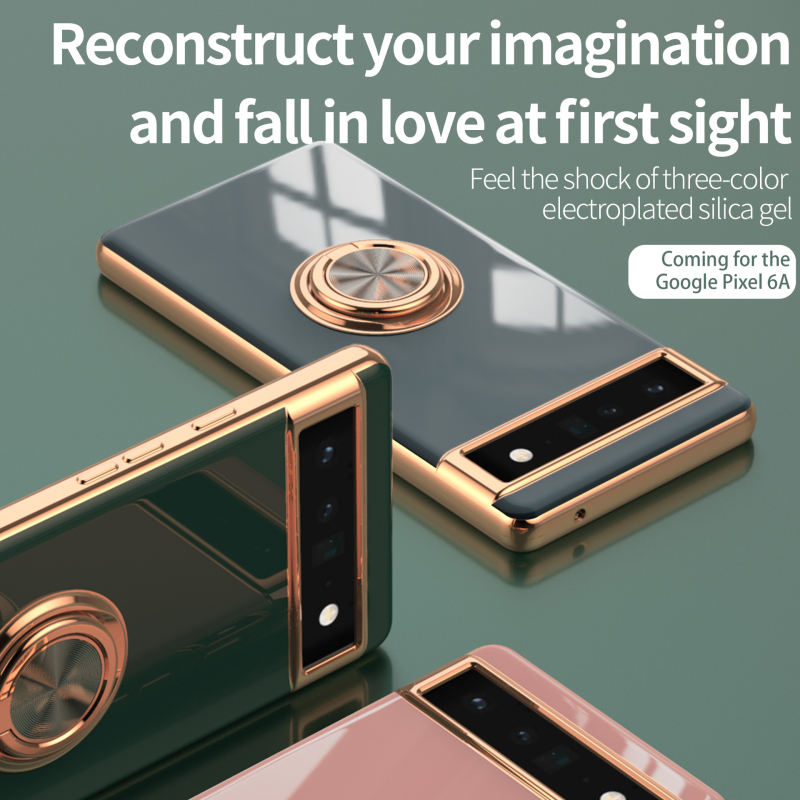 Kućište za Google Pixel 6A s elektroplatiniranim završnim slojem, prstenasti držač, magnet za vozilo, TPU + metal