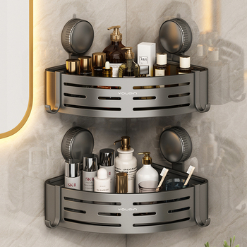 Стенно монтиран ъглов рафт за баня с вакуумно закрепване, алуминиева сплав, покритие с печена боя, натоварване 5–10 кг, 1 ниво, ъгъл с вентилаторна форма