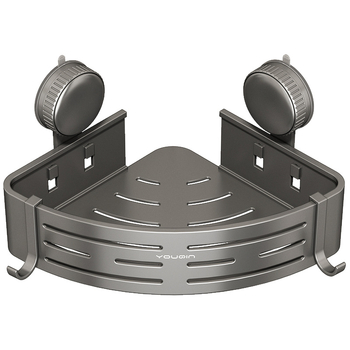 Стенно монтиран ъглов рафт за баня с вакуумно закрепване, алуминиева сплав, покритие с печена боя, натоварване 5–10 кг, 1 ниво, ъгъл с вентилаторна форма